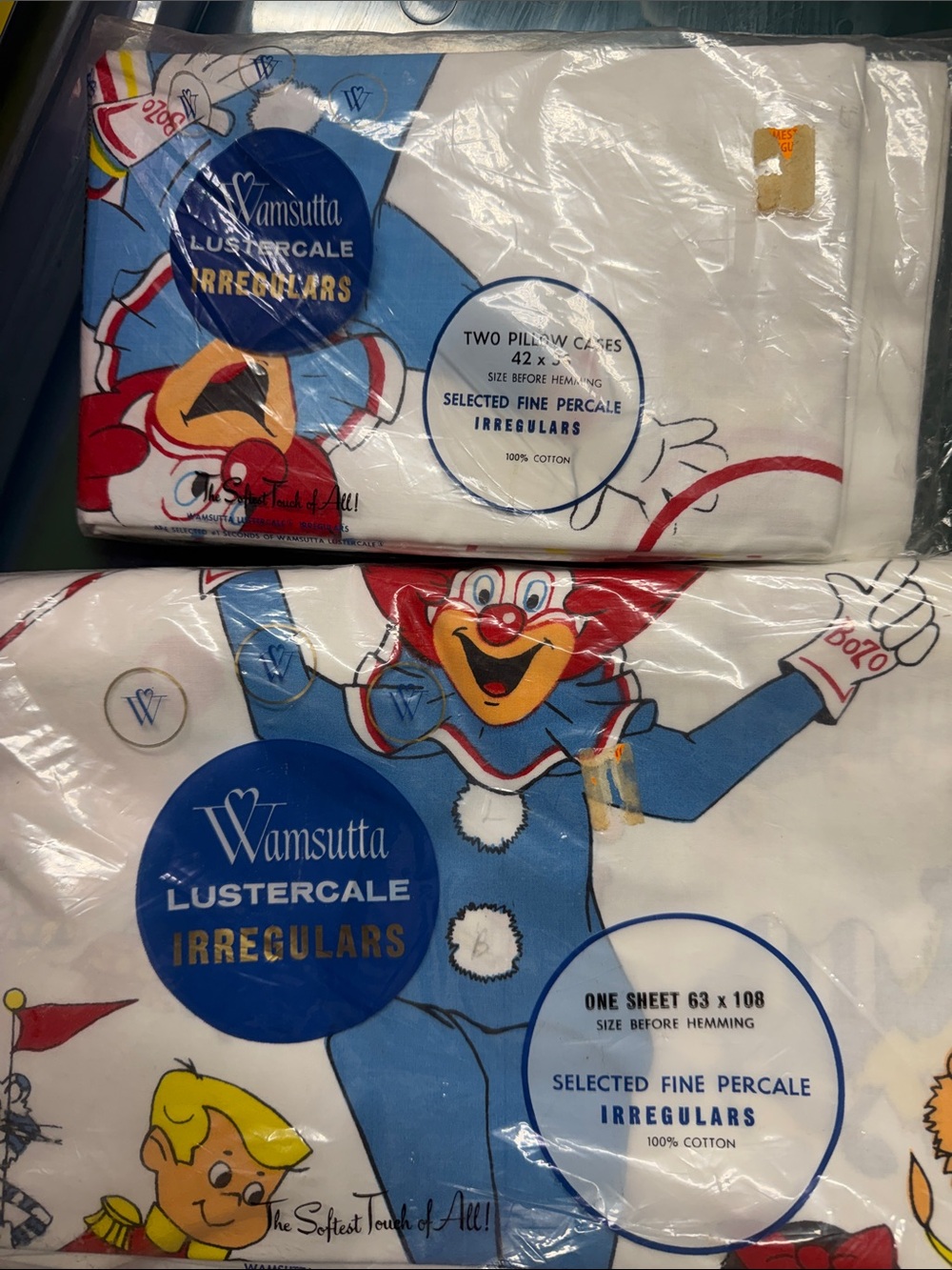 Wamsutta White Sheet Set with Blue, Red & Yellow Bozo the Clown Print